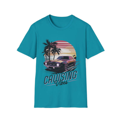 Vintage muscle car sunset T-shirt with 'Cruising Vibes' text, featuring a retro design and vibrant colors.