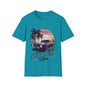 Vintage muscle car sunset T-shirt with 'Cruising Vibes' text, featuring a retro design and vibrant colors.