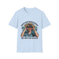 Retro unisex T-shirt with 'Under new management, see wife for details' graphic, featuring a woman in a hat using binoculars.