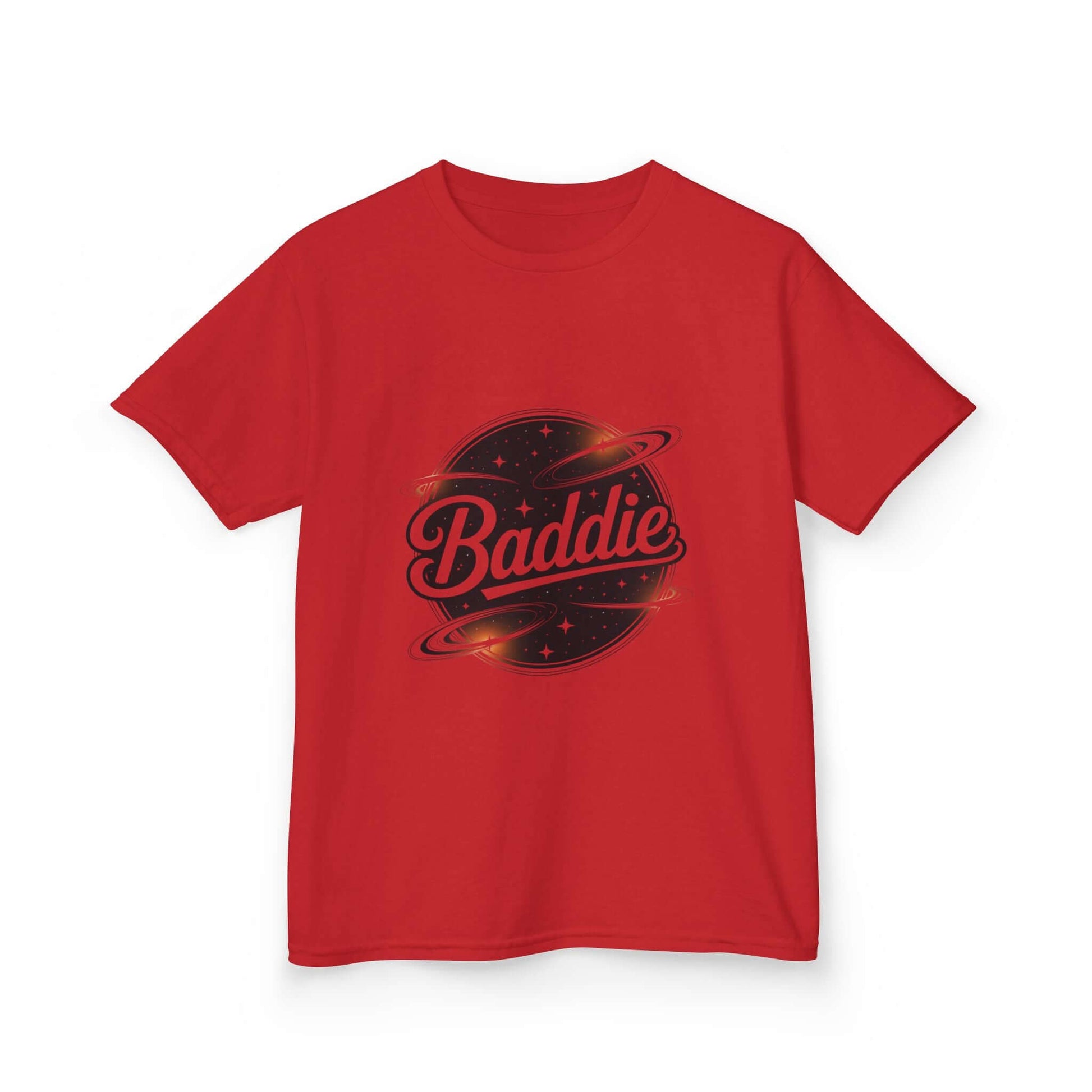 Kids tee in red featuring retro 'Baddie' universe design with text, perfect for trendy young fashion lovers.