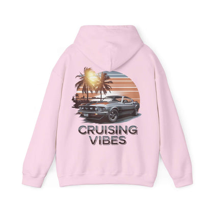 Cruising Vibes Hoodie featuring a retro sunset beach design with an American muscle car, perfect for laid-back car lovers.