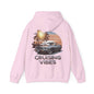 Cruising Vibes Hoodie featuring a retro sunset beach design with an American muscle car, perfect for laid-back car lovers.