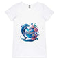 Women's V-Neck tee featuring a dolphin holding a heart with 'Mum' text and floral design, perfect for Mother's Day.