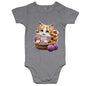 Cute kitten playing in a basket of wool on a grey baby onesie, perfect for infant cat lovers and baby fashion.