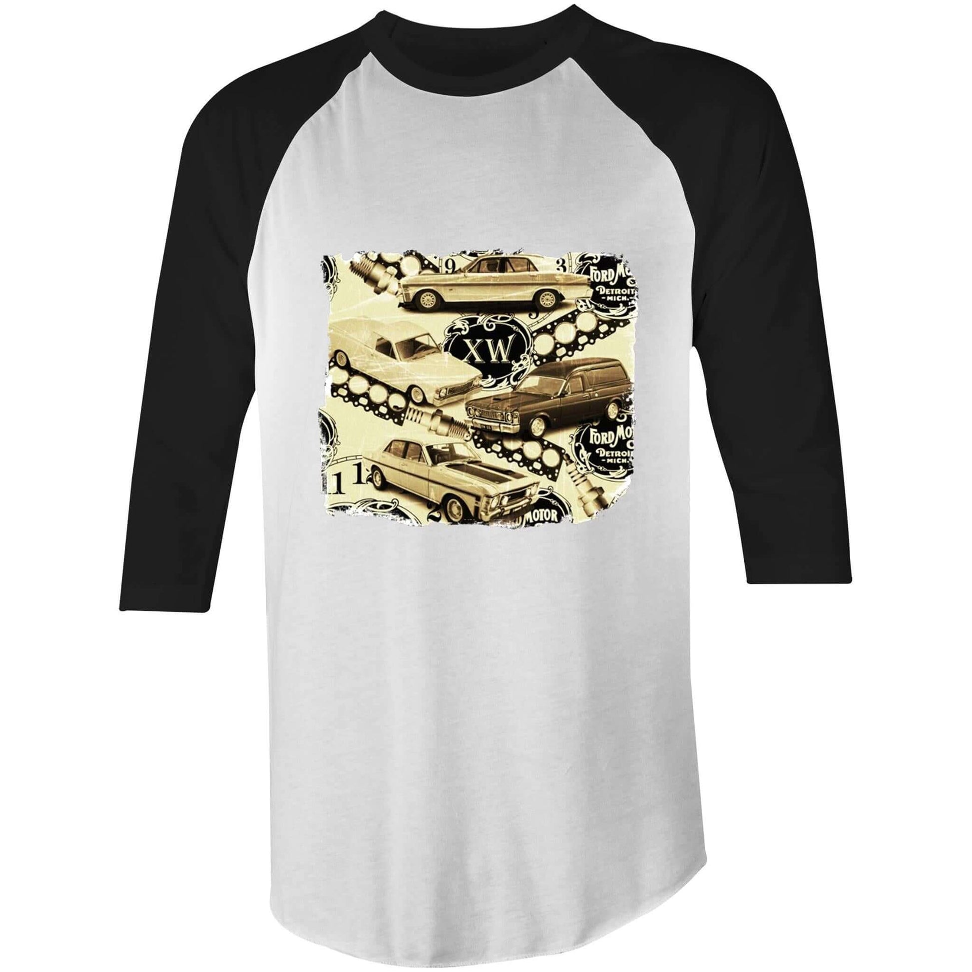 Vintage Ford 3/4 sleeve shirt featuring iconic XW Falcon muscle cars design, perfect for retro enthusiasts.