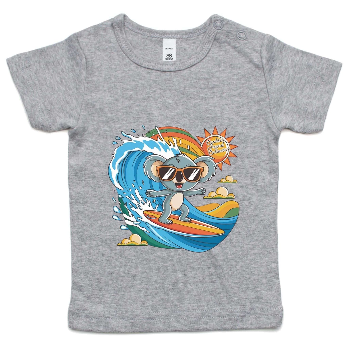 Infant T-shirt featuring a cool surfing koala design with sunglasses, perfect for beach-loving families.