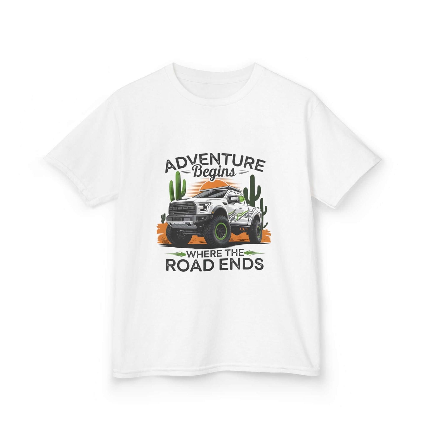 Kids T-Shirt featuring an off road truck with sunset desert design and text 'Adventure begins where the road ends'.