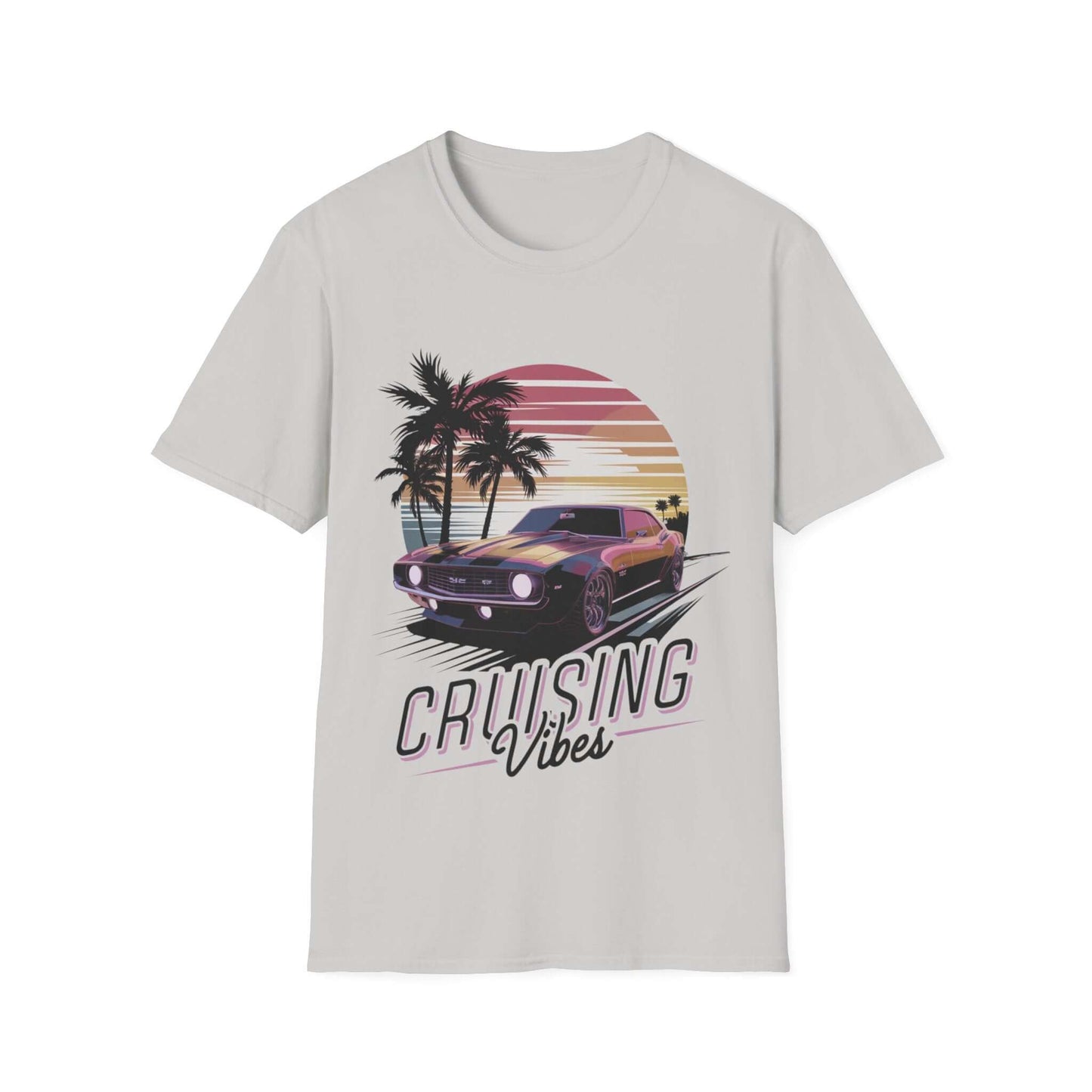 Vintage muscle car and sunset design T-shirt featuring 'Cruising Vibes', perfect for laid-back car enthusiasts.