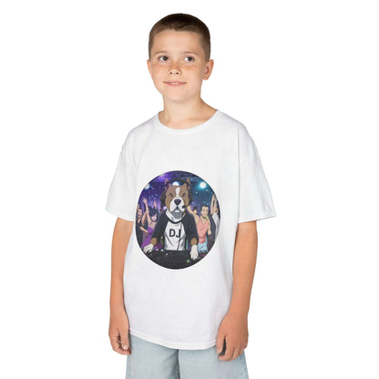 DJ Dog Kids Tee with vibrant dog DJ design and party goers in the background, perfect for music lovers.
