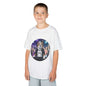 DJ Dog Kids Tee with vibrant dog DJ design and party goers in the background, perfect for music lovers.