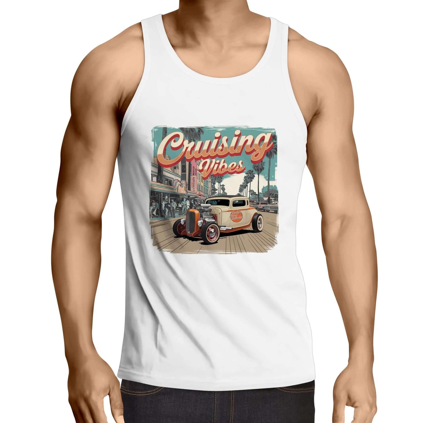 Vintage hotrod 'Cruising Vibes' men's singlet top featuring a palm tree lined street and retro design.