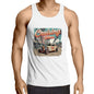 Vintage hotrod 'Cruising Vibes' men's singlet top featuring a palm tree lined street and retro design.