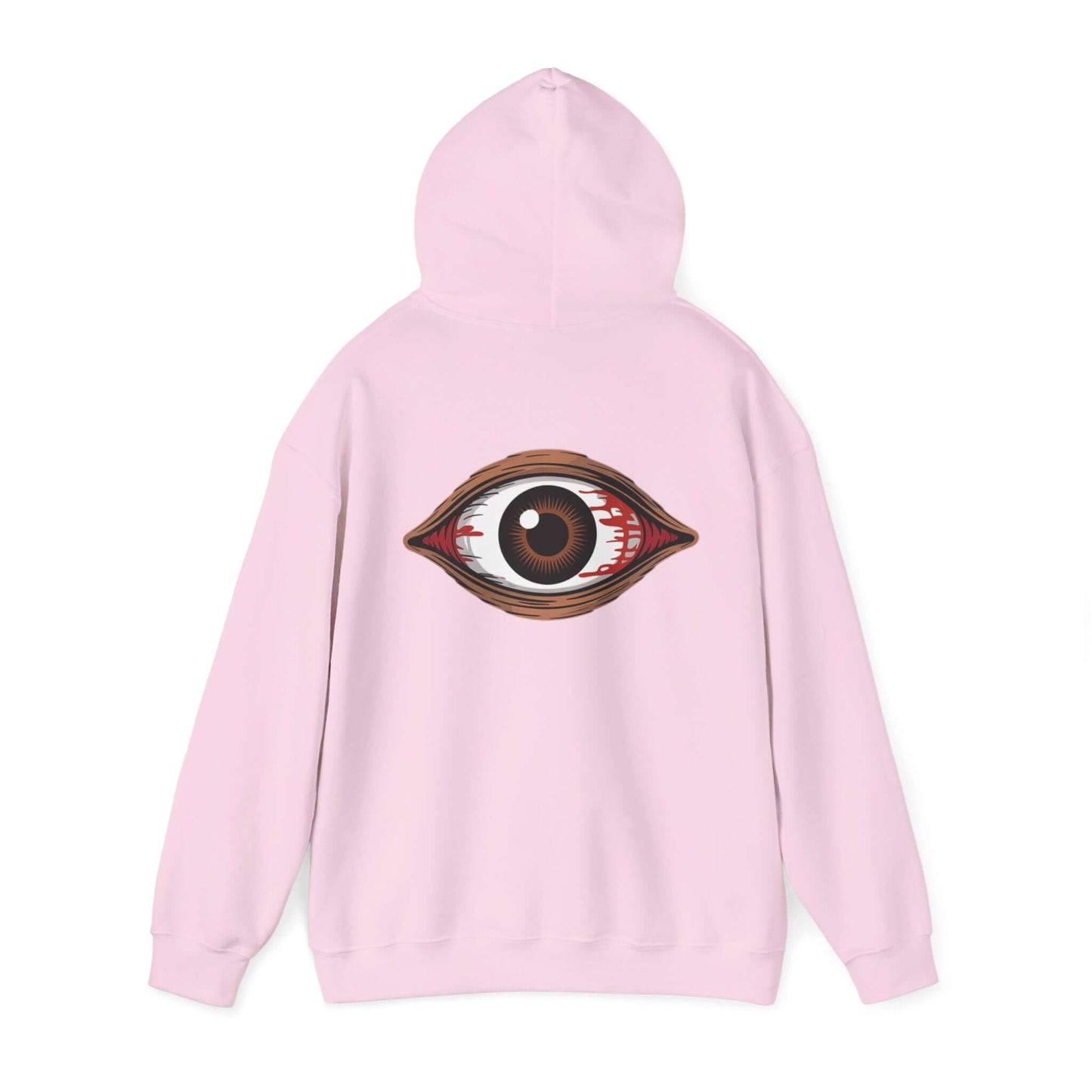 Pink hoodie with spooky bloody brown eye design on the back, perfect for music festivals and Halloween.