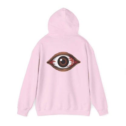 Pink hoodie with spooky bloody brown eye design on the back, perfect for music festivals and Halloween.