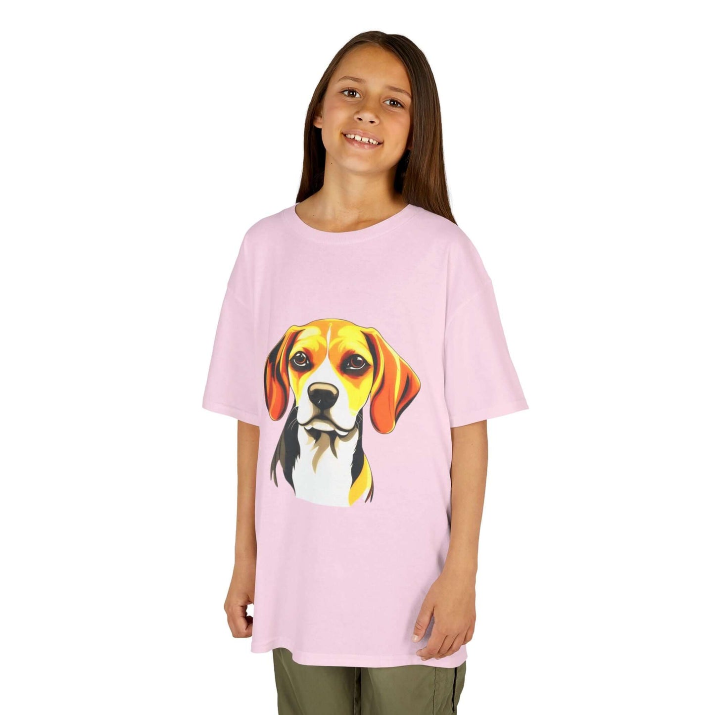 Girl wearing a cute pink kids tee with a hound dog illustration, perfect for dog lovers and animal lovers.