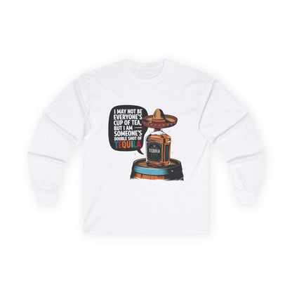 Funny Tequila unisex long sleeve tee with a bottle in a sombrero and humorous quote for party vibes.