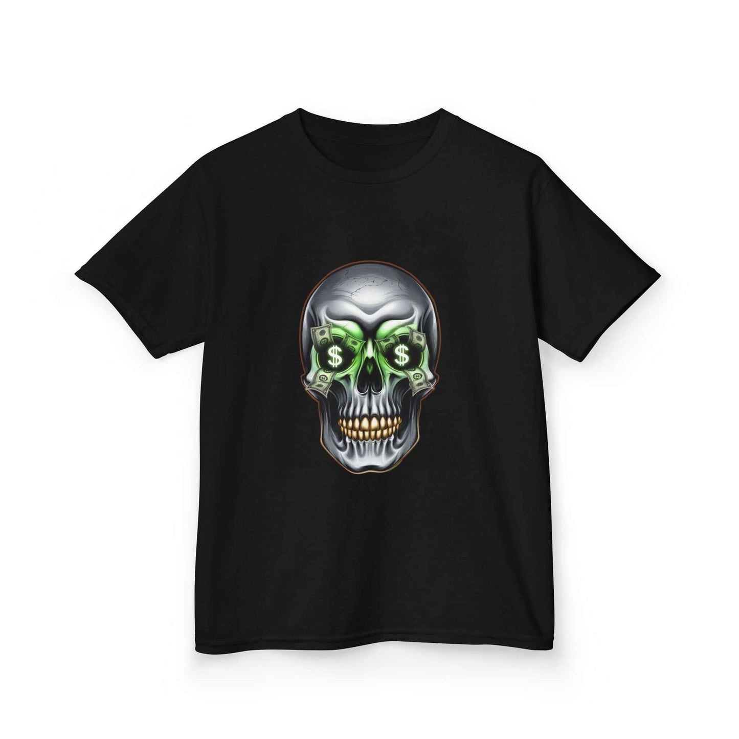 Black kid's Tee featuring a cool skull design with dollar bills in the eye sockets, perfect for streetwear fashion.