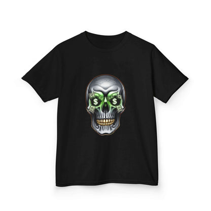 Black kid's Tee featuring a cool skull design with dollar bills in the eye sockets, perfect for streetwear fashion.