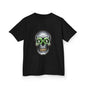 Black kid's Tee featuring a cool skull design with dollar bills in the eye sockets, perfect for streetwear fashion.