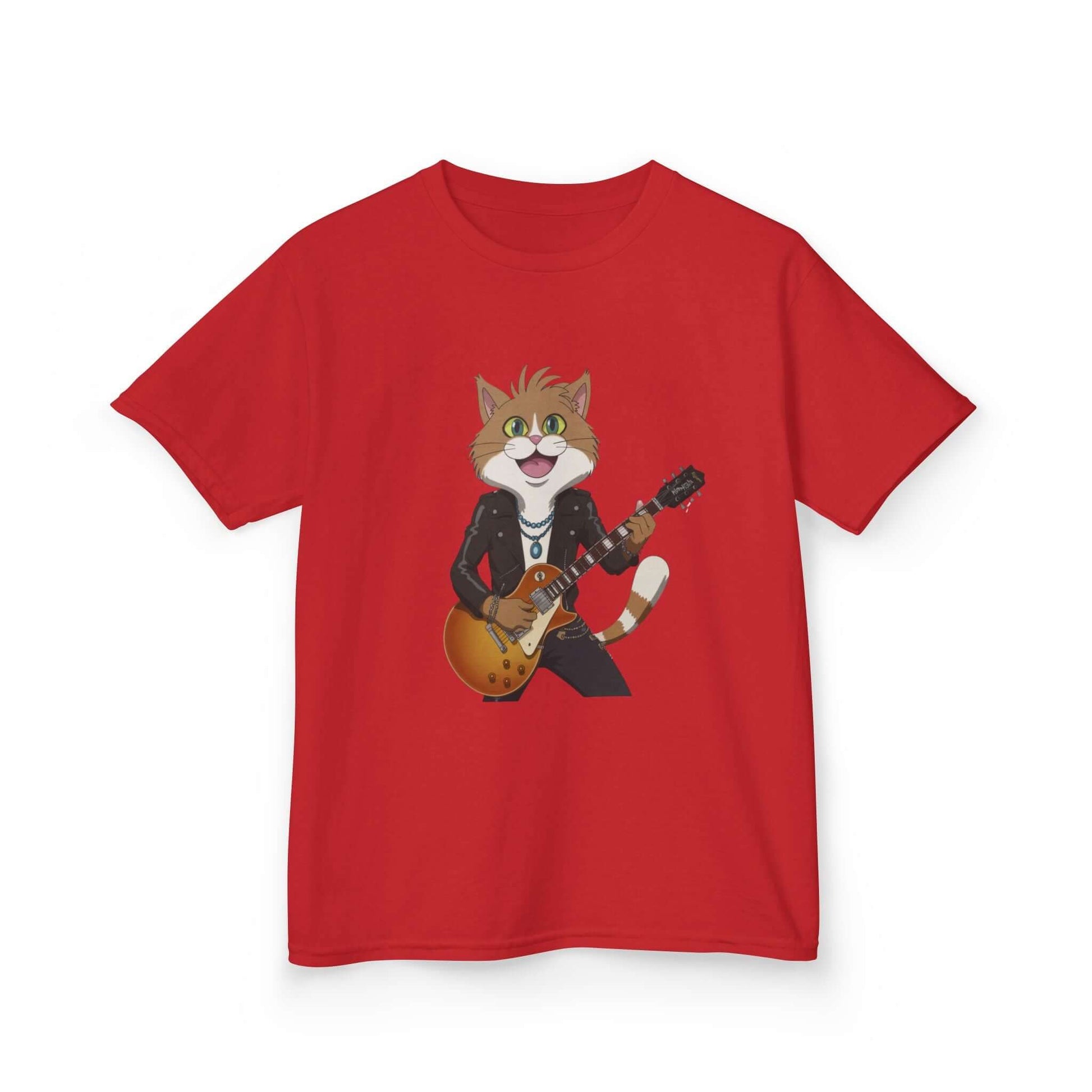Kid's T-shirt with Rock and Roll Cat Playing Guitar design for musical children, perfect for cat lovers.