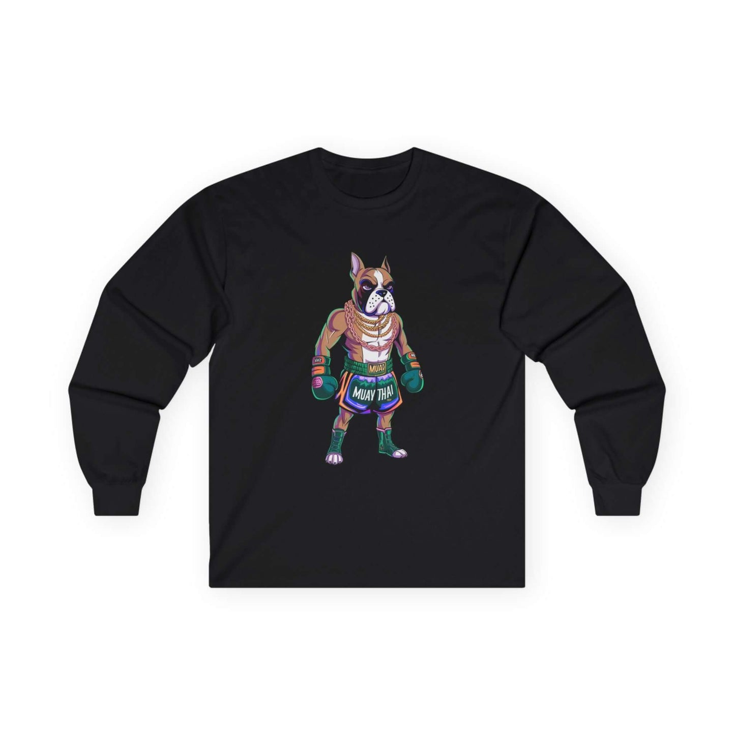 Long sleeve tee featuring cartoon boxer dog as Muay Thai fighter, perfect for dog lovers and fight night clothing.