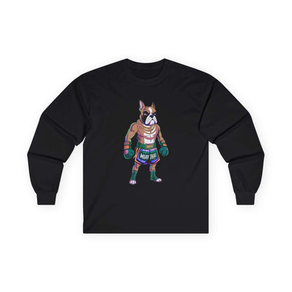 Long sleeve tee featuring cartoon boxer dog as Muay Thai fighter, perfect for dog lovers and fight night clothing.