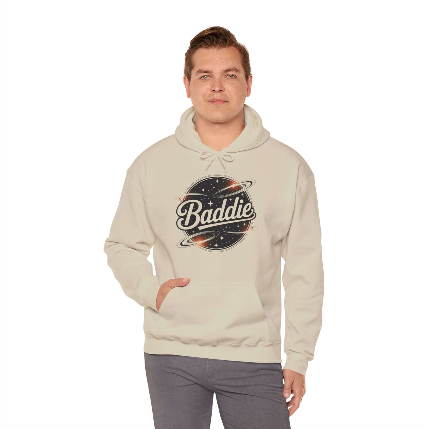 Hooded jumper featuring 'Baddie' universe design with retro vibe, perfect for trendy casual wear.