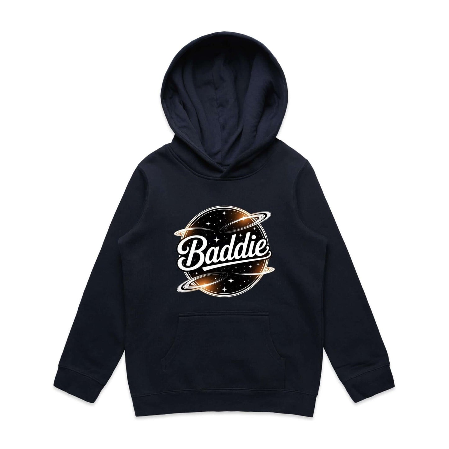 Kid's hoodie featuring 'Baddie' universe design with retro vibe and spacious kangaroo pouch pocket.