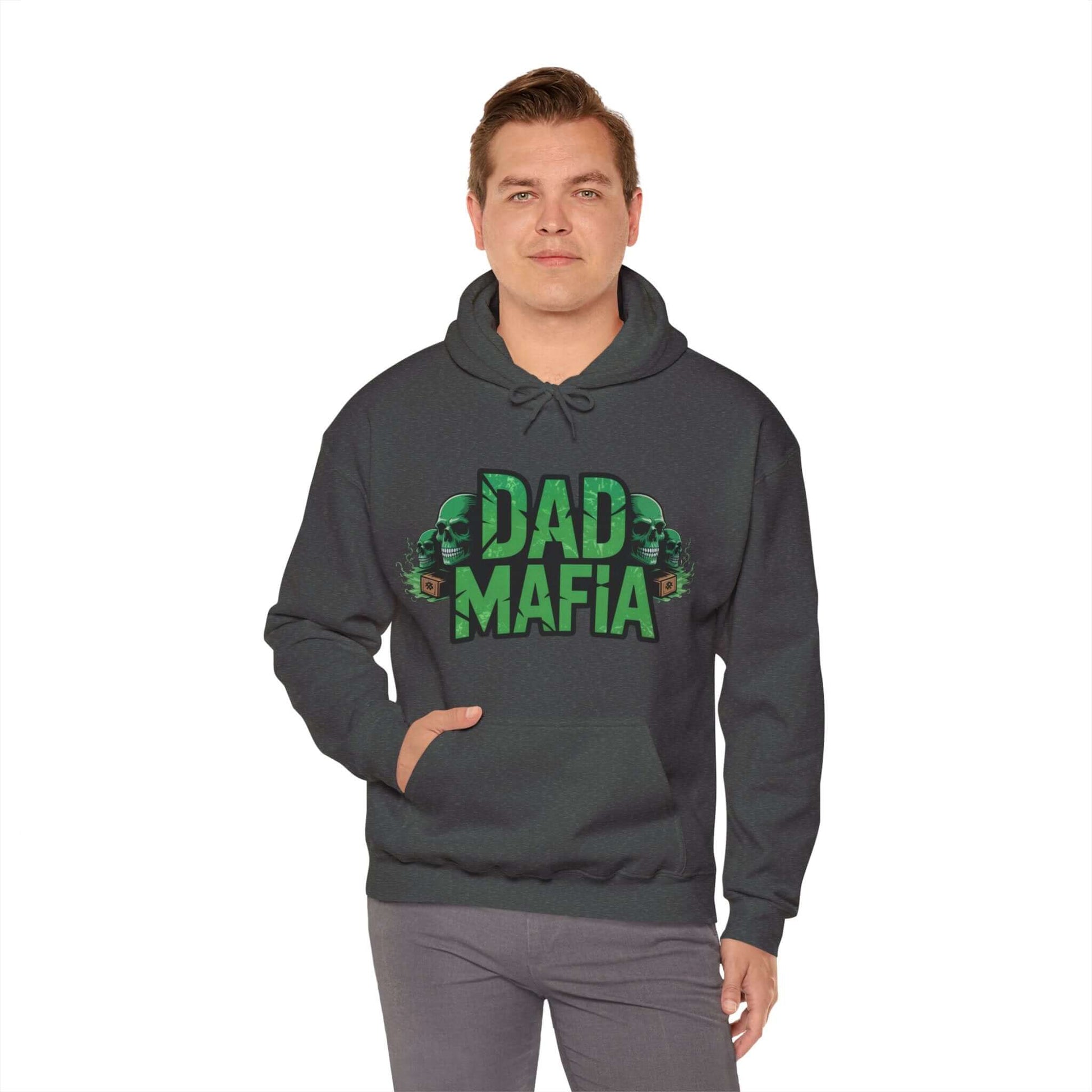 Model wearing DAD MAFIA unisex hooded jumper with distressed black lettering and neon green accents.