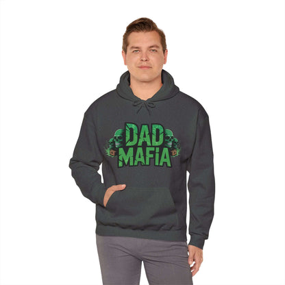 Model wearing DAD MAFIA unisex hooded jumper with distressed black lettering and neon green accents.