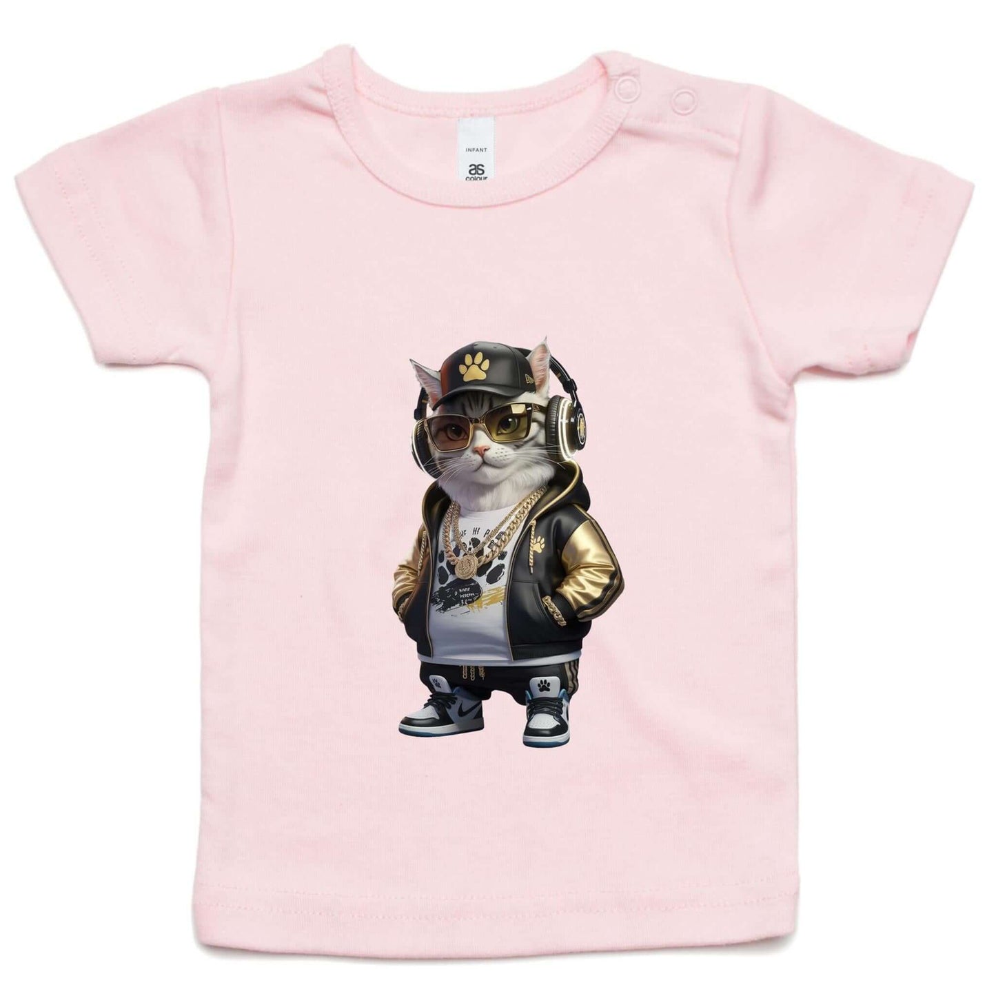 Cute pink infant tee featuring a cool hip hop cat in sunglasses and gold chains, perfect for cat lovers.