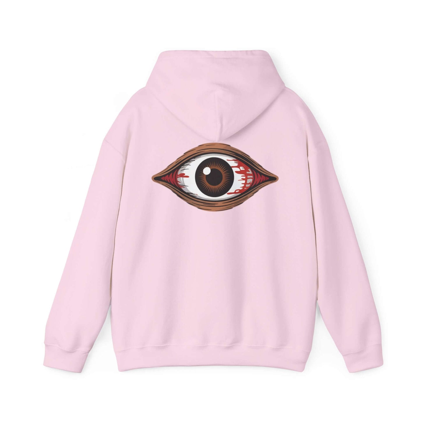 Spooky bloody brown eye design on a pink hoodie, perfect for music festivals and Halloween.