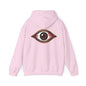 Spooky bloody brown eye design on a pink hoodie, perfect for music festivals and Halloween.