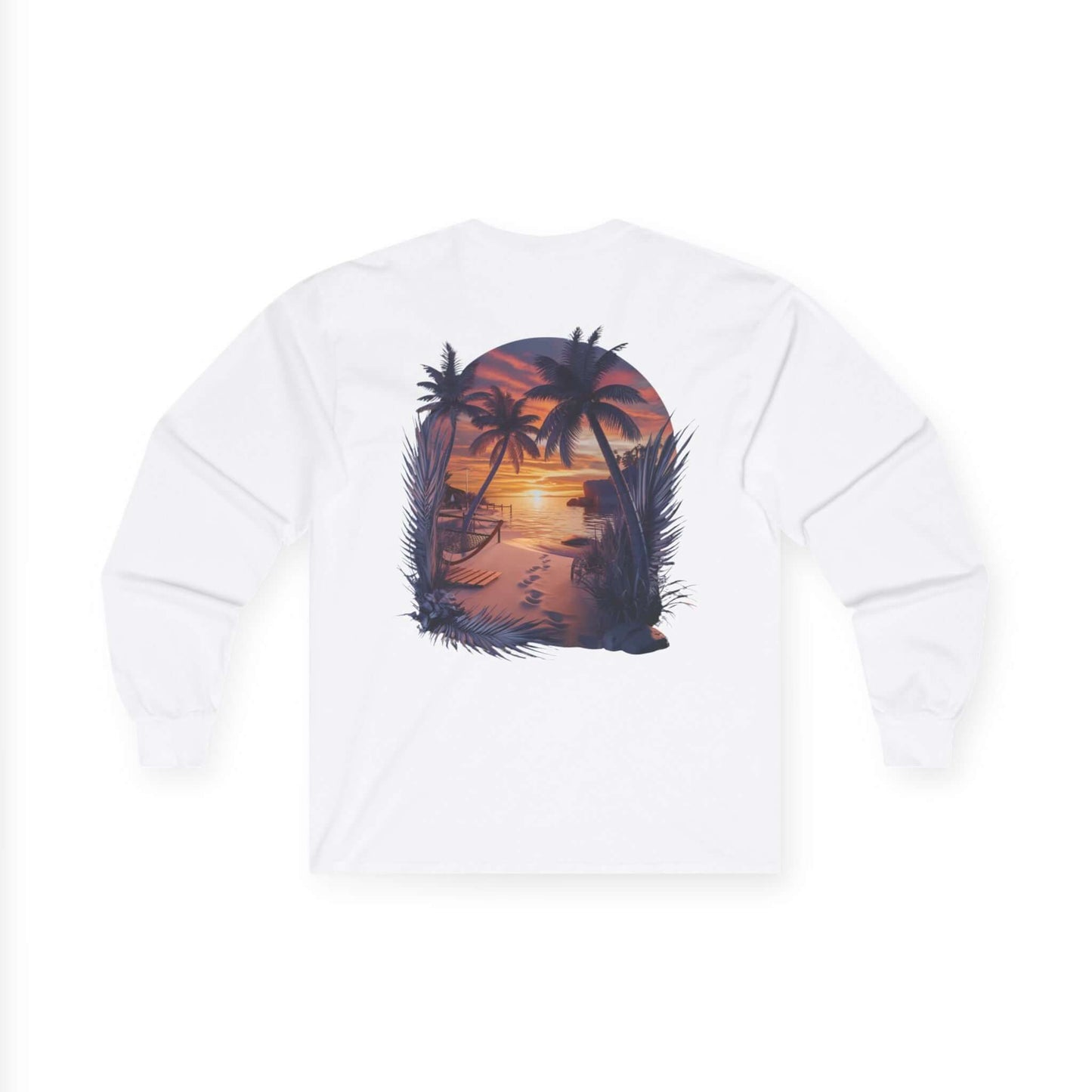 Tropical sunset beach long sleeve tee featuring palm trees and vibrant ocean colors, perfect for summer vibes and casual wear - Island life