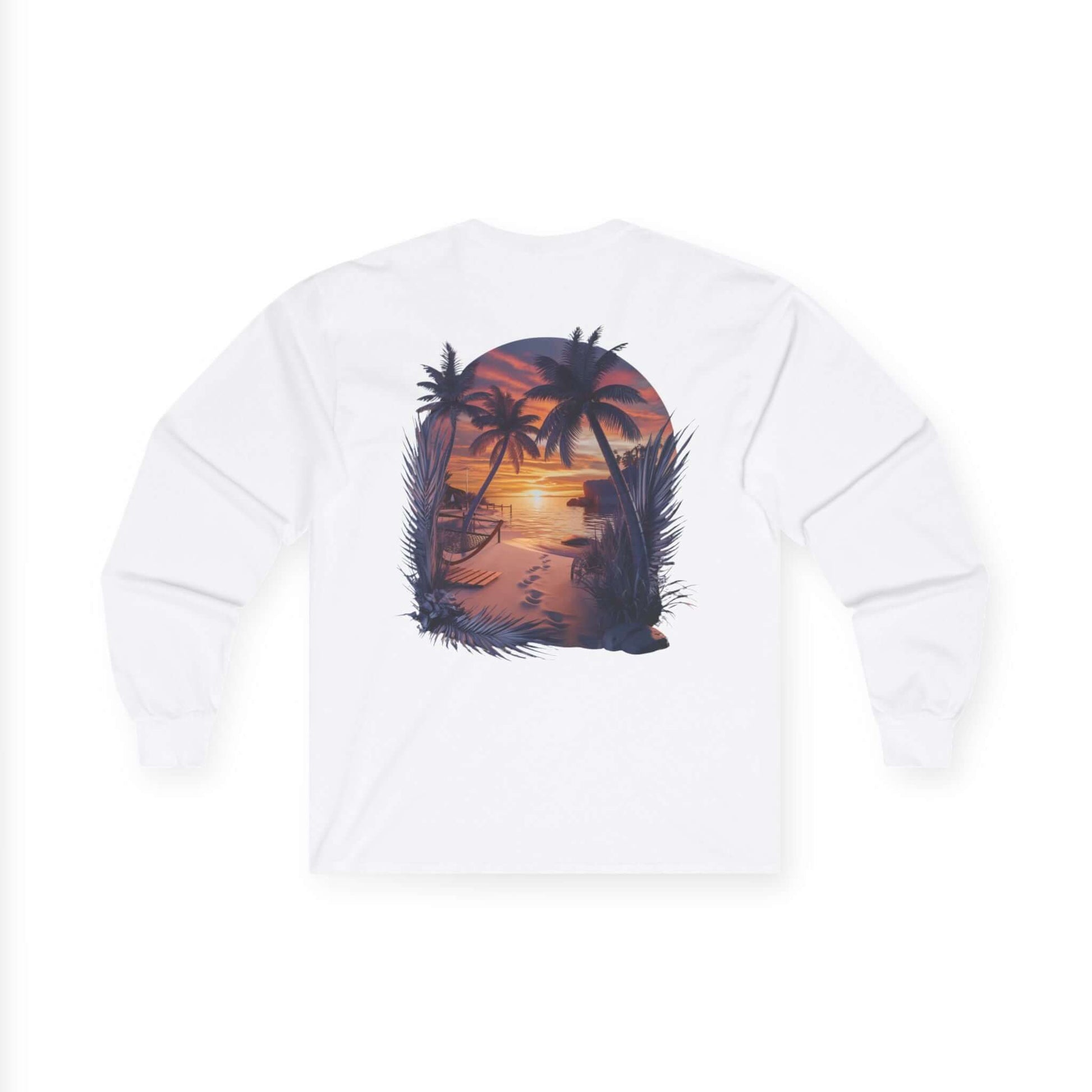 Tropical sunset beach long sleeve tee featuring palm trees and vibrant ocean colors, perfect for summer vibes and casual wear - Island life