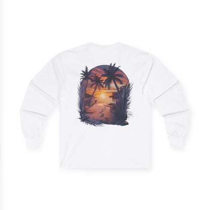 Tropical sunset beach long sleeve tee featuring palm trees and vibrant ocean colors, perfect for summer vibes and casual wear - Island life