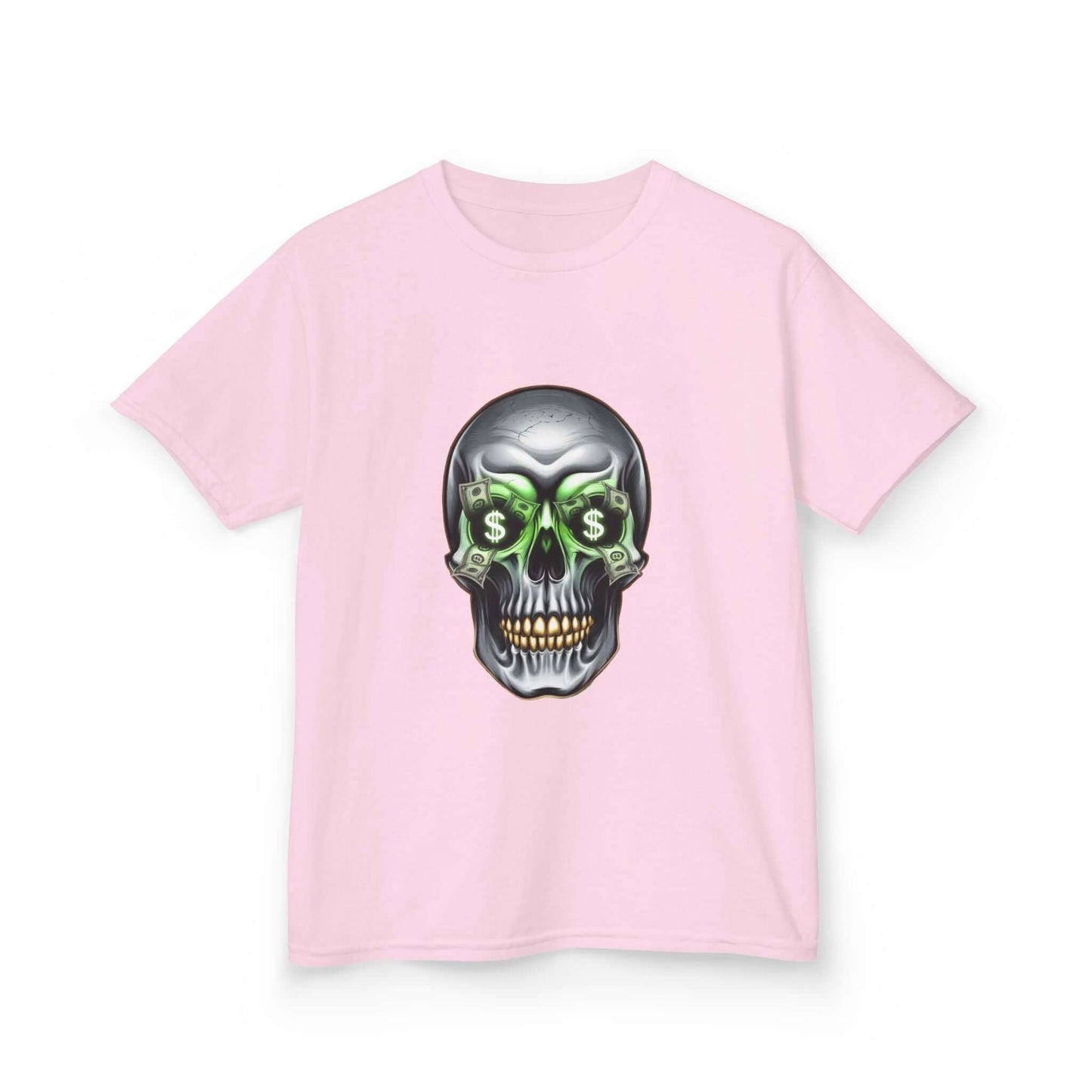 Cool skull pale pink kid's T-shirt with money symbols and dollar bills in eye sockets, perfect for streetwear fashion.