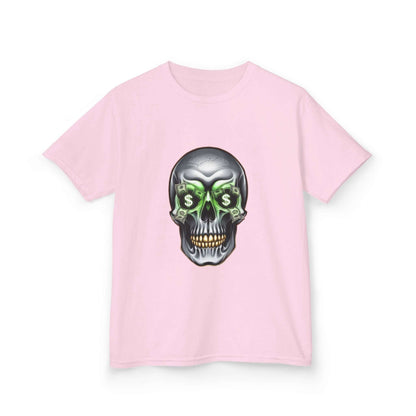 Cool skull pale pink kid's T-shirt with money symbols and dollar bills in eye sockets, perfect for streetwear fashion.