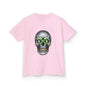Cool skull pale pink kid's T-shirt with money symbols and dollar bills in eye sockets, perfect for streetwear fashion.