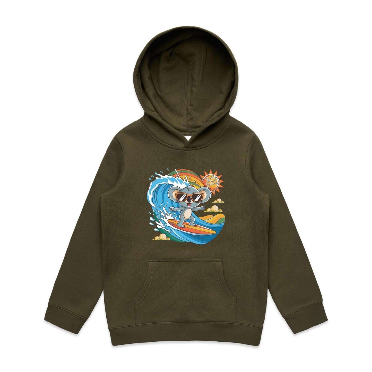 Kid's hoodie featuring a cool surfing koala riding a wave, perfect for beach-loving families.