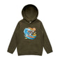 Kid's hoodie featuring a cool surfing koala riding a wave, perfect for beach-loving families.