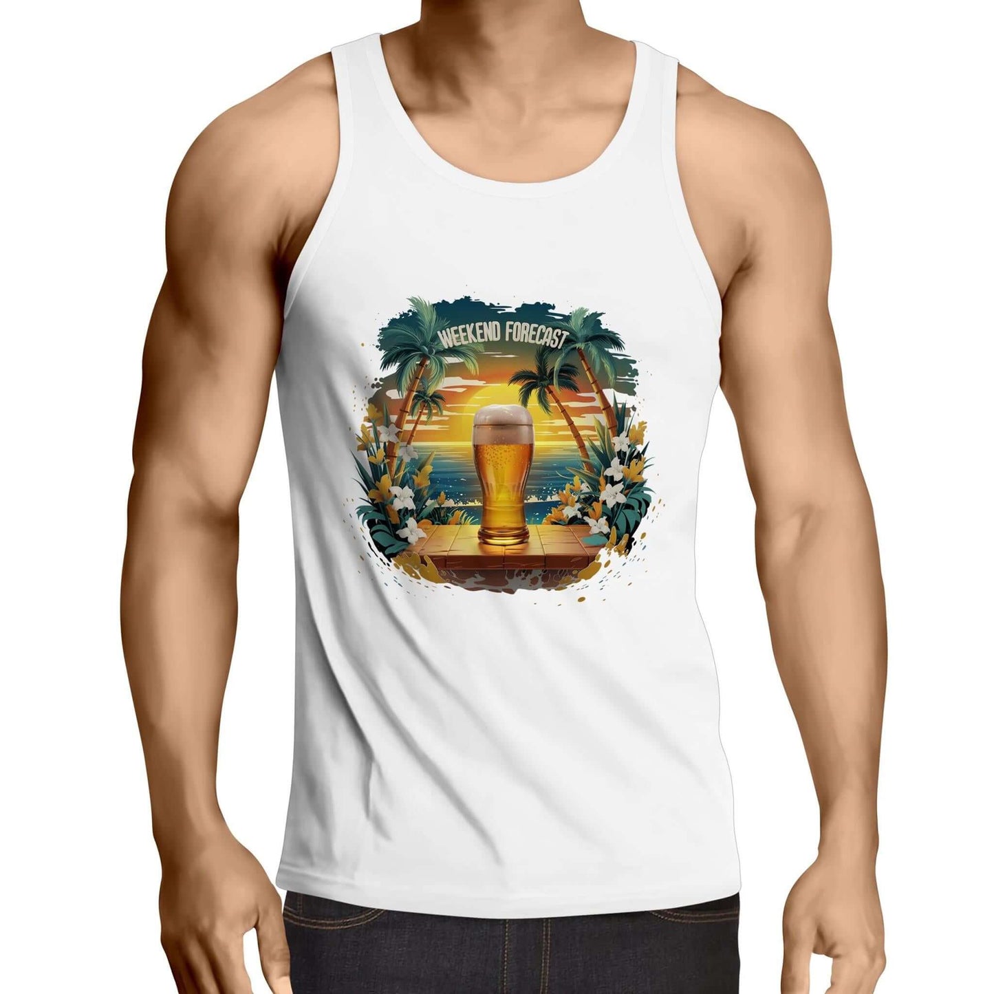Men's AS Colour singlet with Tropical Beer Oasis design featuring a chilled schooner and sunset beach, text 'Weekend Forecast'.