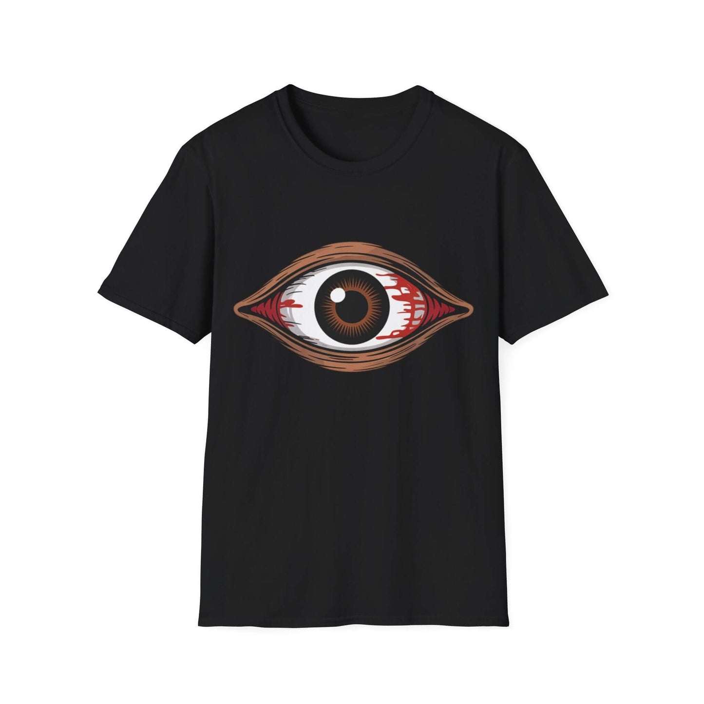 Unisex softstyle T-shirt featuring a bloody brown eye design, perfect for music festivals and Halloween.