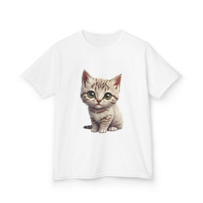 Cute white kitten graphic design on a kid's Tee, perfect for children who love cats.