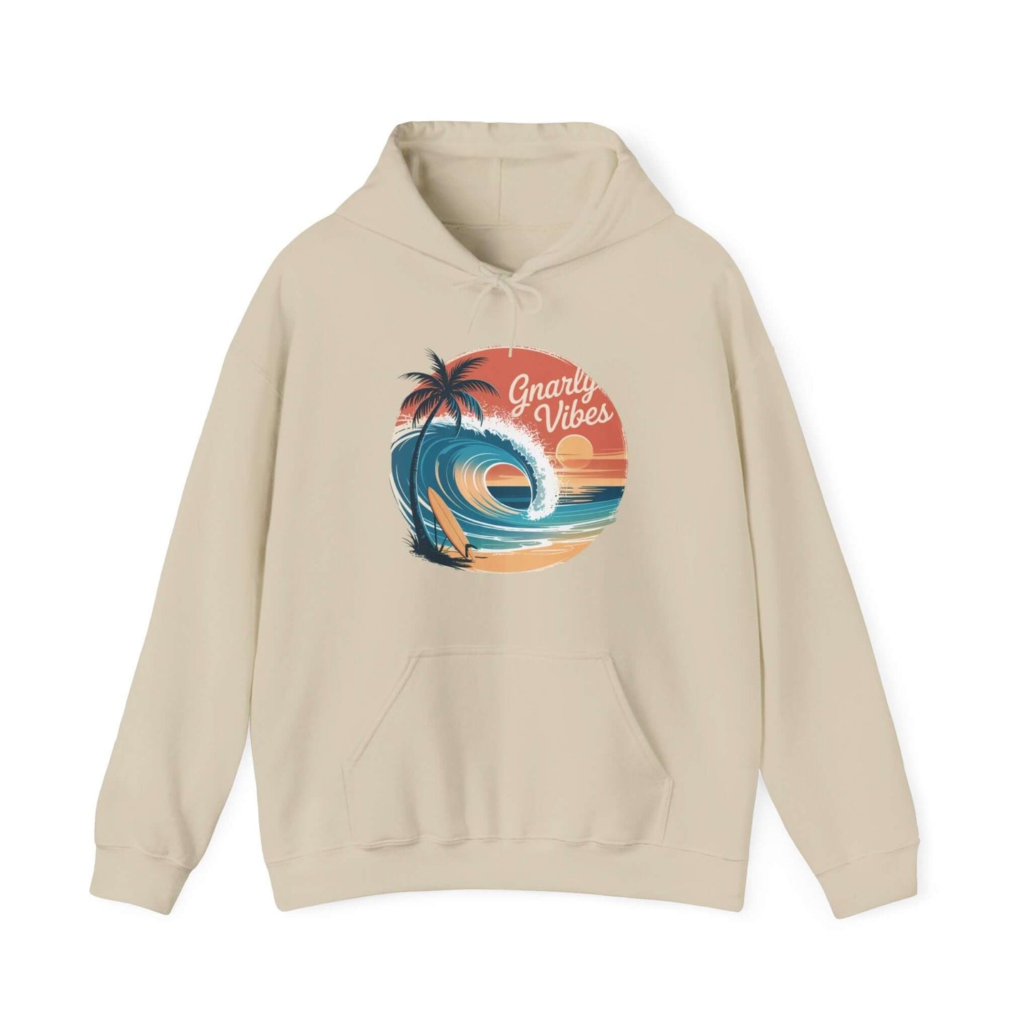 Vintage beach hoodie with big wave graphic, palm trees, and 'Gnarly Vibes' text, perfect for surf culture enthusiasts.