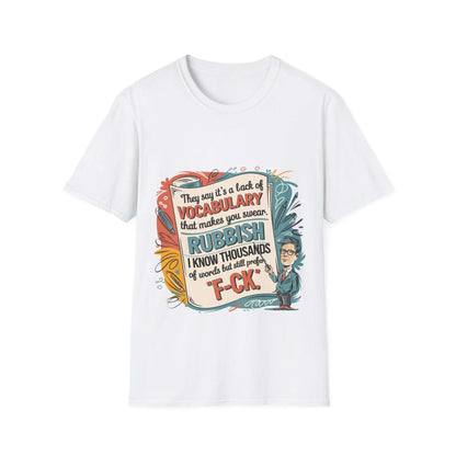 Unisex T-shirt with a funny teacher graphic and quote about vocabulary, ideal for casual wear and humor lovers.