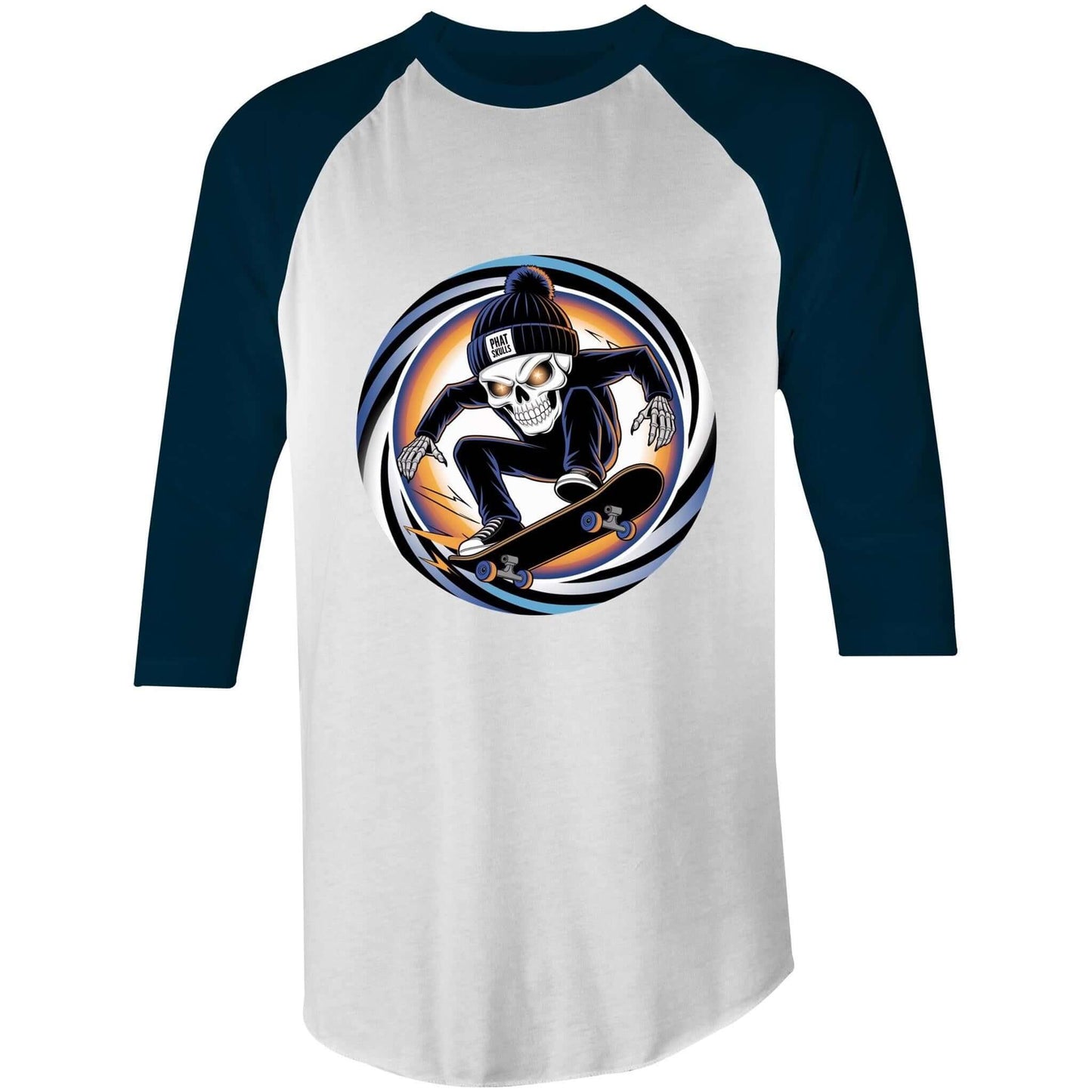 Edgy skeleton skater 3/4 sleeve t-shirt featuring a skeleton mid trick on a skateboard with a beanie saying 'Phat Skulls'.