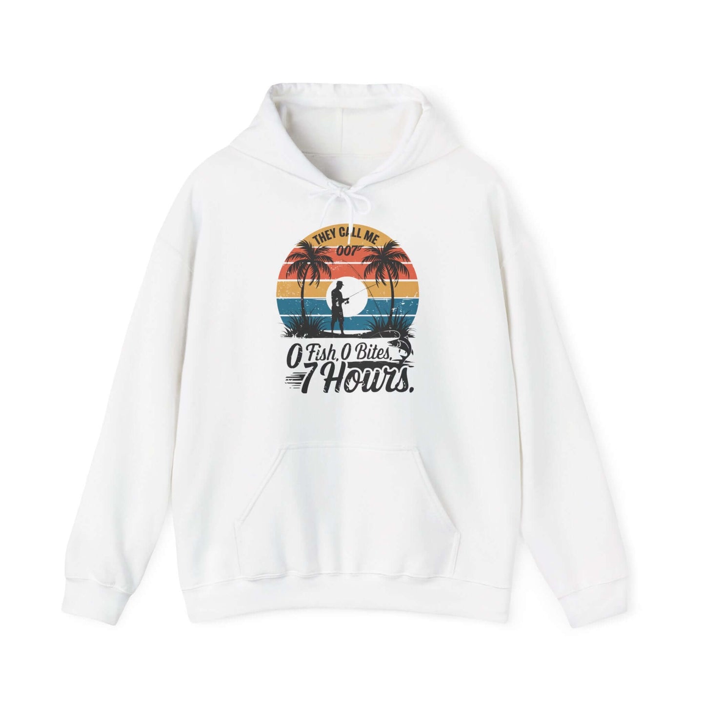 Retro Fishing hoodie with the quote 'They call me 007 0 Fish, 0 Bites, 7 Hours', ideal for fishing enthusiasts.