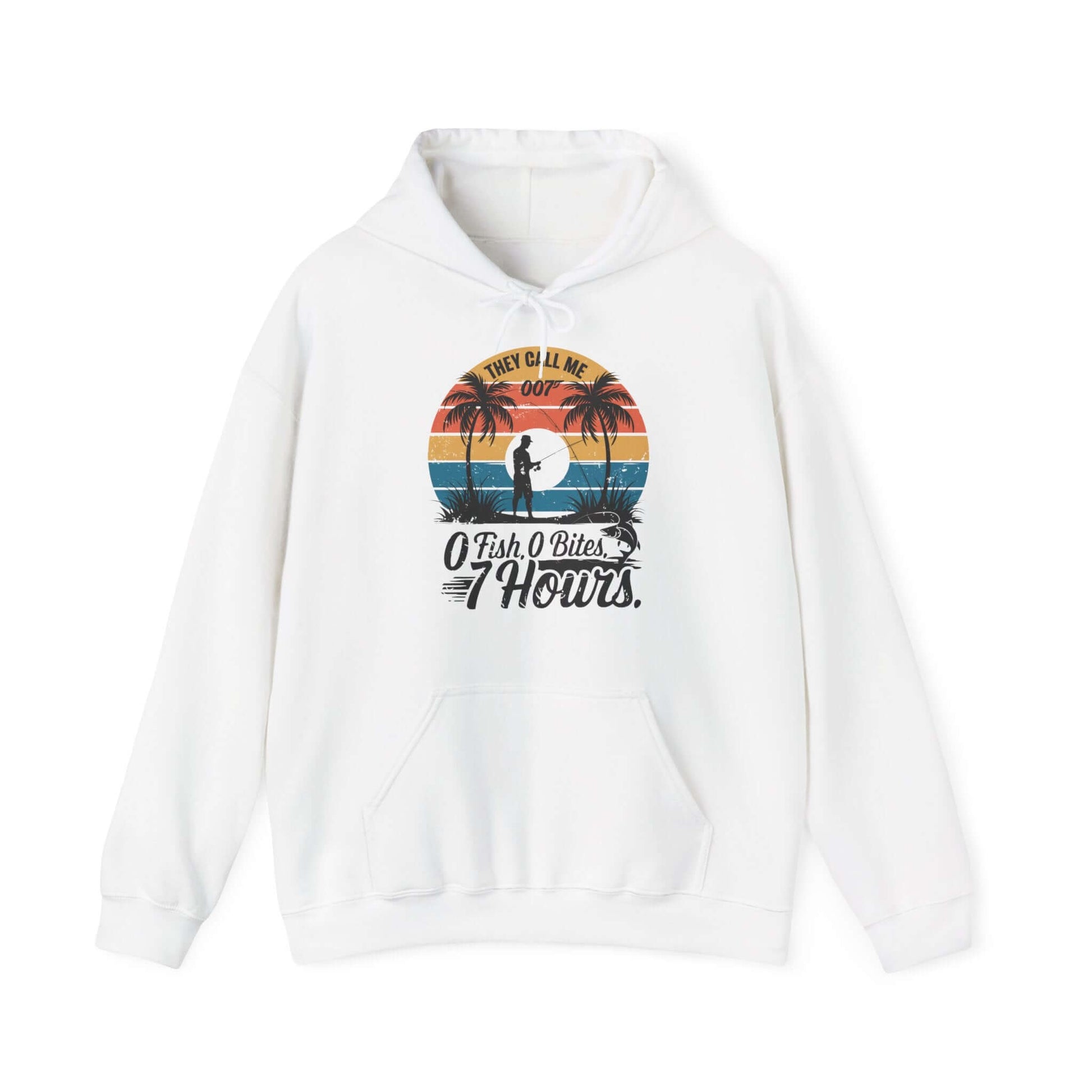 Retro Fishing hoodie with the quote 'They call me 007 0 Fish, 0 Bites, 7 Hours', ideal for fishing enthusiasts.