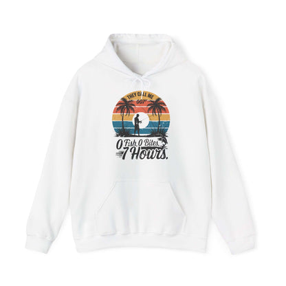 Retro Fishing hoodie with the quote 'They call me 007 0 Fish, 0 Bites, 7 Hours', ideal for fishing enthusiasts.